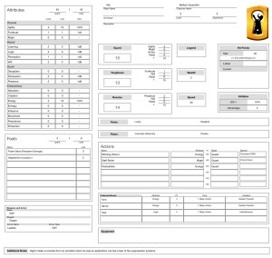An Open Legend Character sheet for my first build, “Belfran Quartzbeam.”
