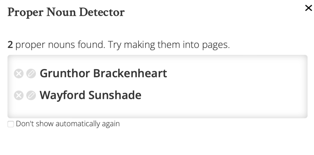"Grunthor Brackenheart" and "Wayford Sunshade" are detected as proper nouns