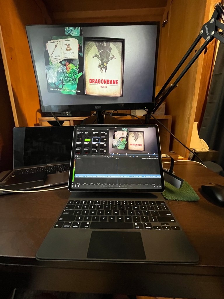 Editing setup, Luma Fusion on my iPad, editing my Dragonbane review! My now traded in MacBook is in the background, left.