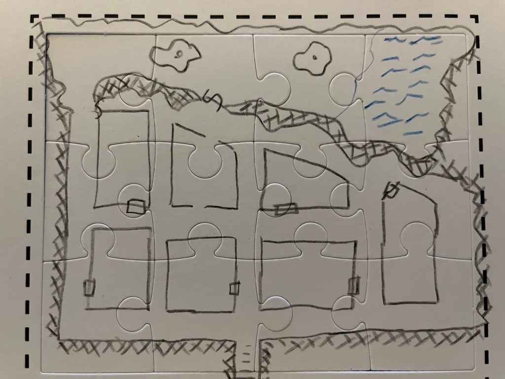 A simple dungeon crawl, drawn in crayon on a puzzle board.