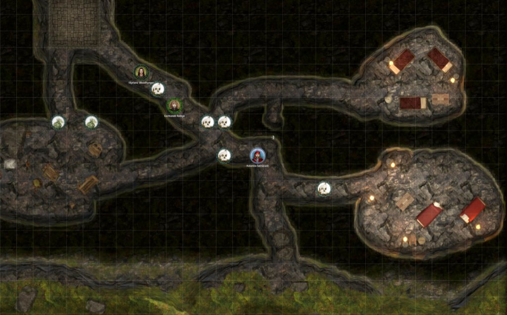 A map image of some caves. Several tokens are placed on it, representing both player characters and monsters.