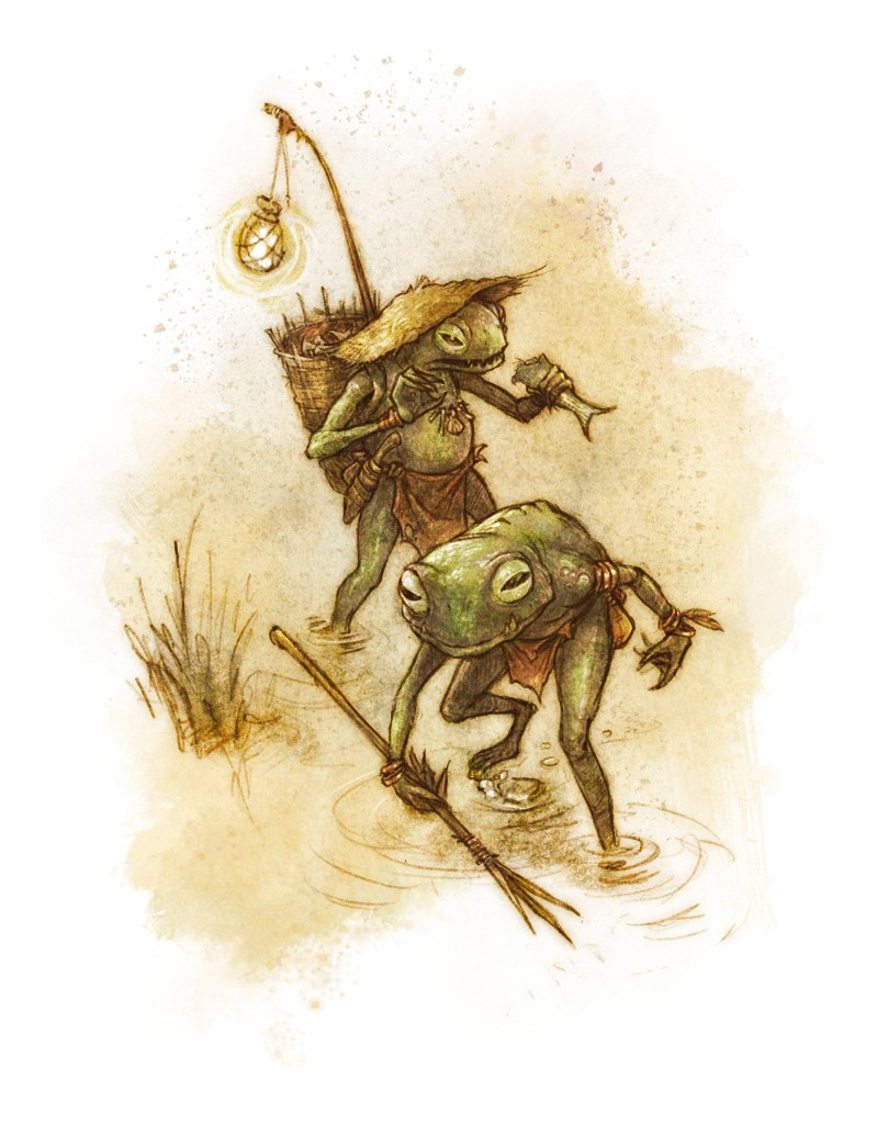 Frog people out gathering provisions.