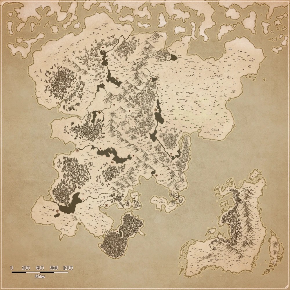 Parchment Map of a large continent. A smaller continent is in the lower right corner.
