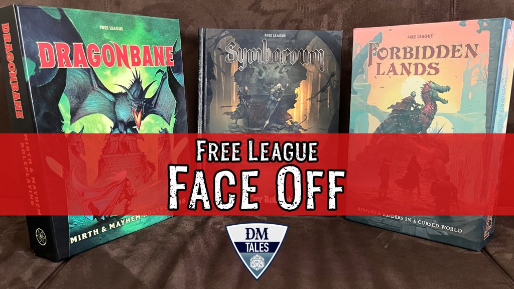 Dragonbane, Symbaroum, Forbidden Lands products. Free League Face Off and the DM Tales logo below.