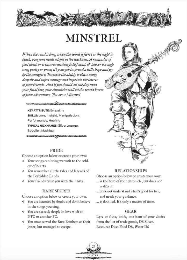 Page 26 of the Forbidden Lands Player’s Handbook, depicting the Minstrel