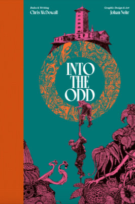 Into the Odd Cover. A man and woman descending on a rope from a tower, toward weird flora.