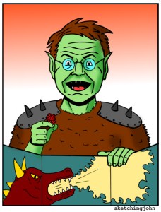 A goblin GM holding a d20 and behind a GM screen which displays a dragon breathing fire.