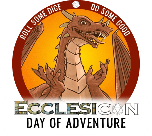 Happy dragon in a circular field bearing the words “Roll some Dice. Do some good.”