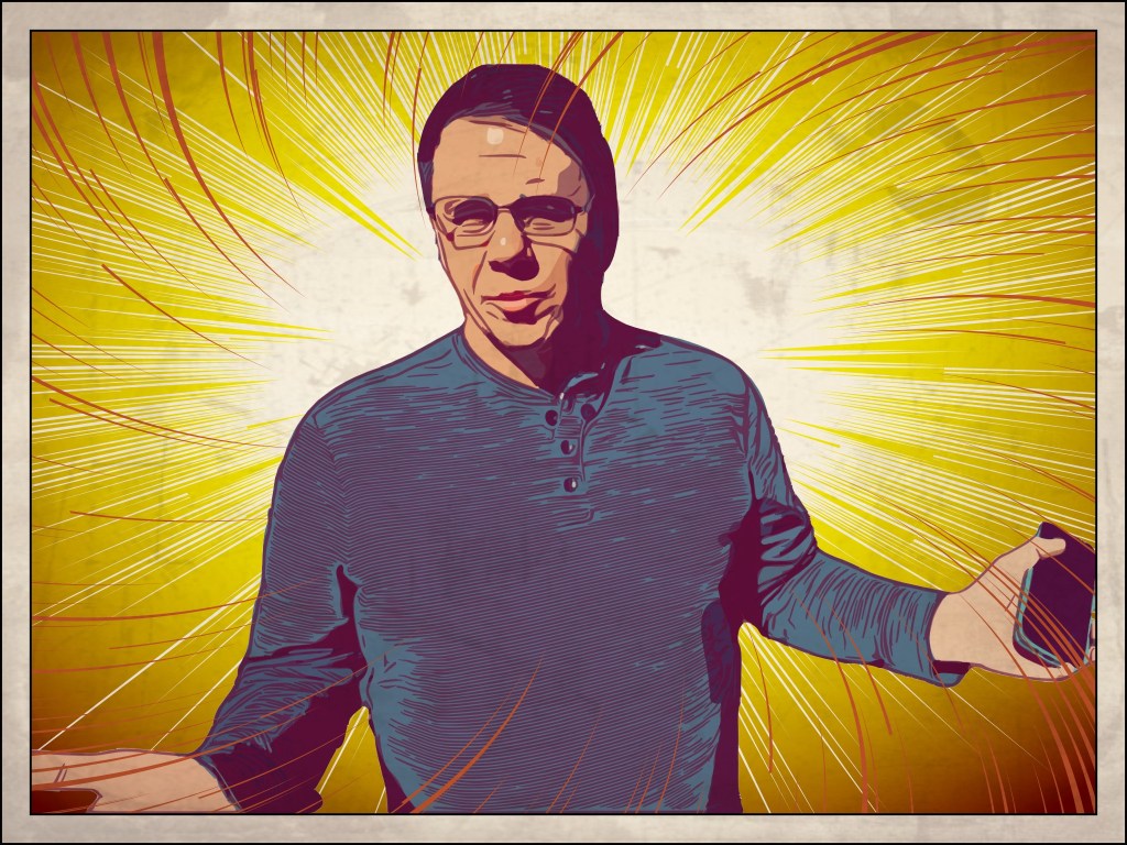 Wes Allen, arms spread out, with a sunburst behind him.