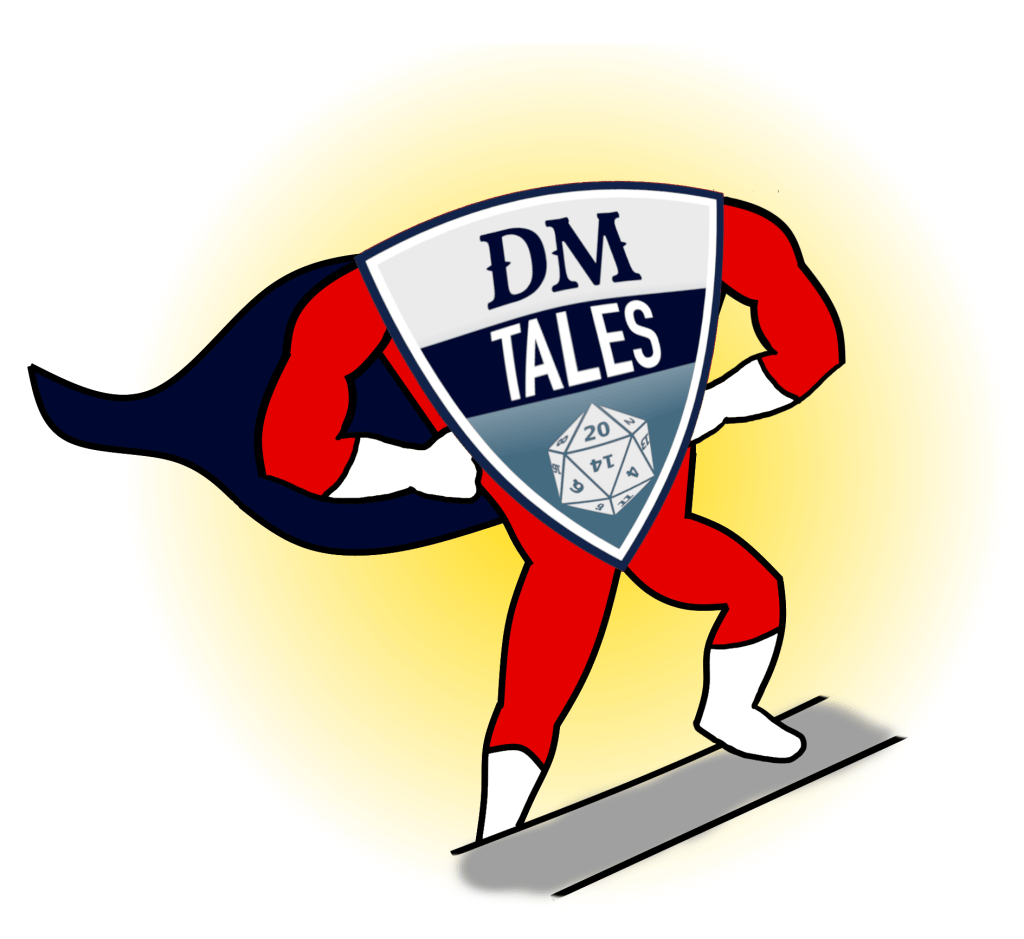 DM Tales logo as super hero with a billowing cape.